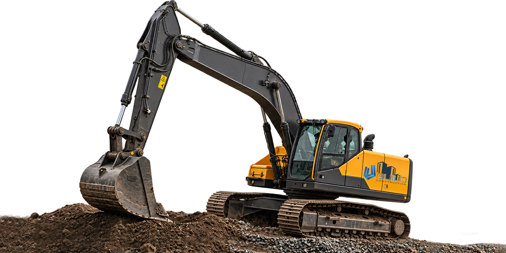 Yellow and charcoal excavator with the U Build Construction logo, resting on a mound of soil